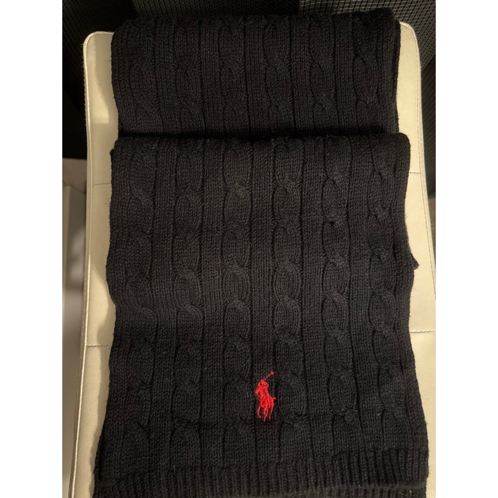 Polo Ralph Lauren Black Cable Knit Scarf Red Pony Logo Cotton Wool Blend
